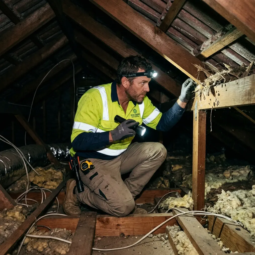 Technician inspecting a roof cavity for a dead animal in Springfield
