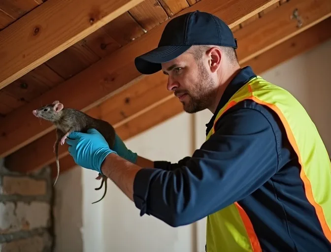 Technician inspecting a roof cavity for a dead rat in Springfield